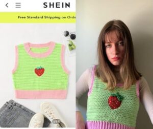 Дизайн вязанного жилета Джоан Косентино (справа), украденный Shein дизайн (слева).